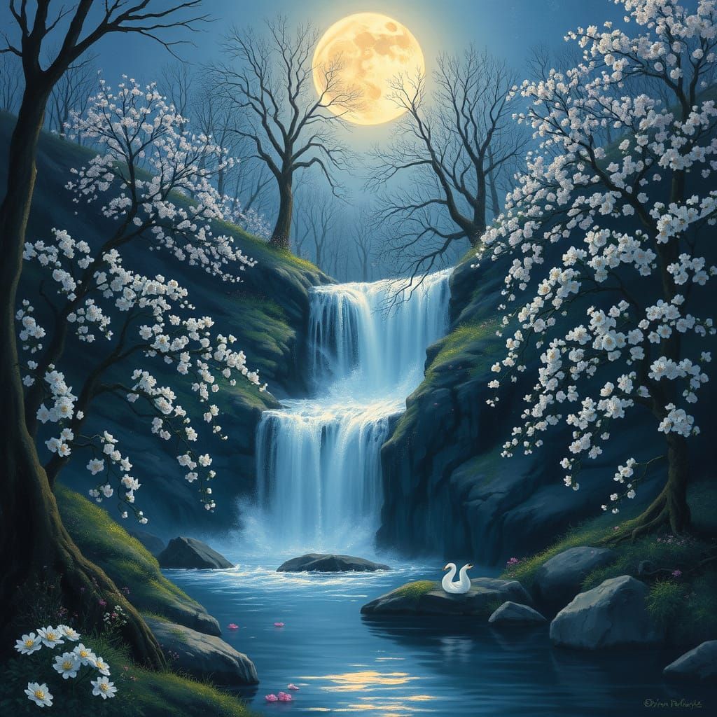 Enchanting Moonlit Waterfall Scene in Impressionist Style