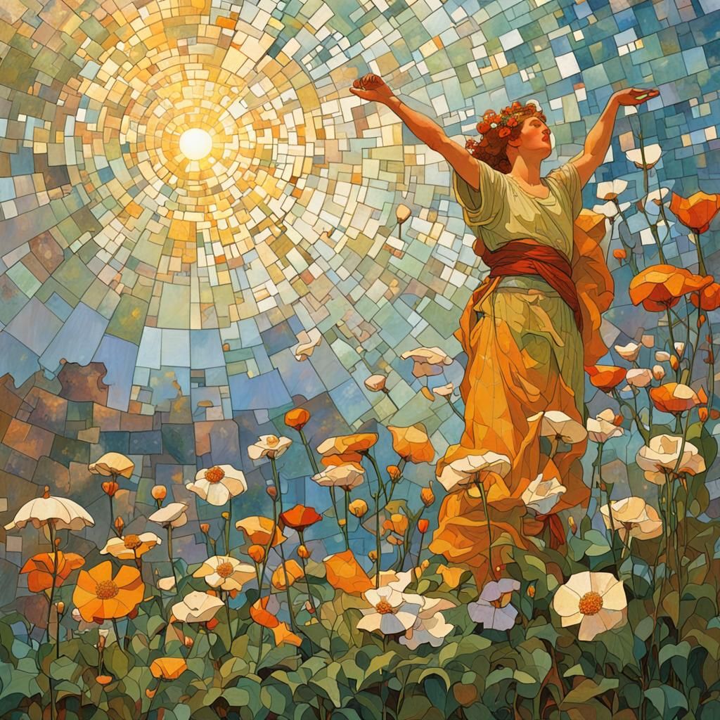 Colorful Spring Flowers Mosaic in Art Nouveau Style