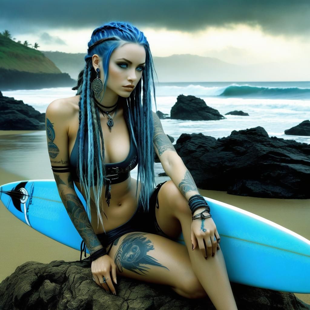 Blue-Haired Surfer Girl in Fantasy Illustration