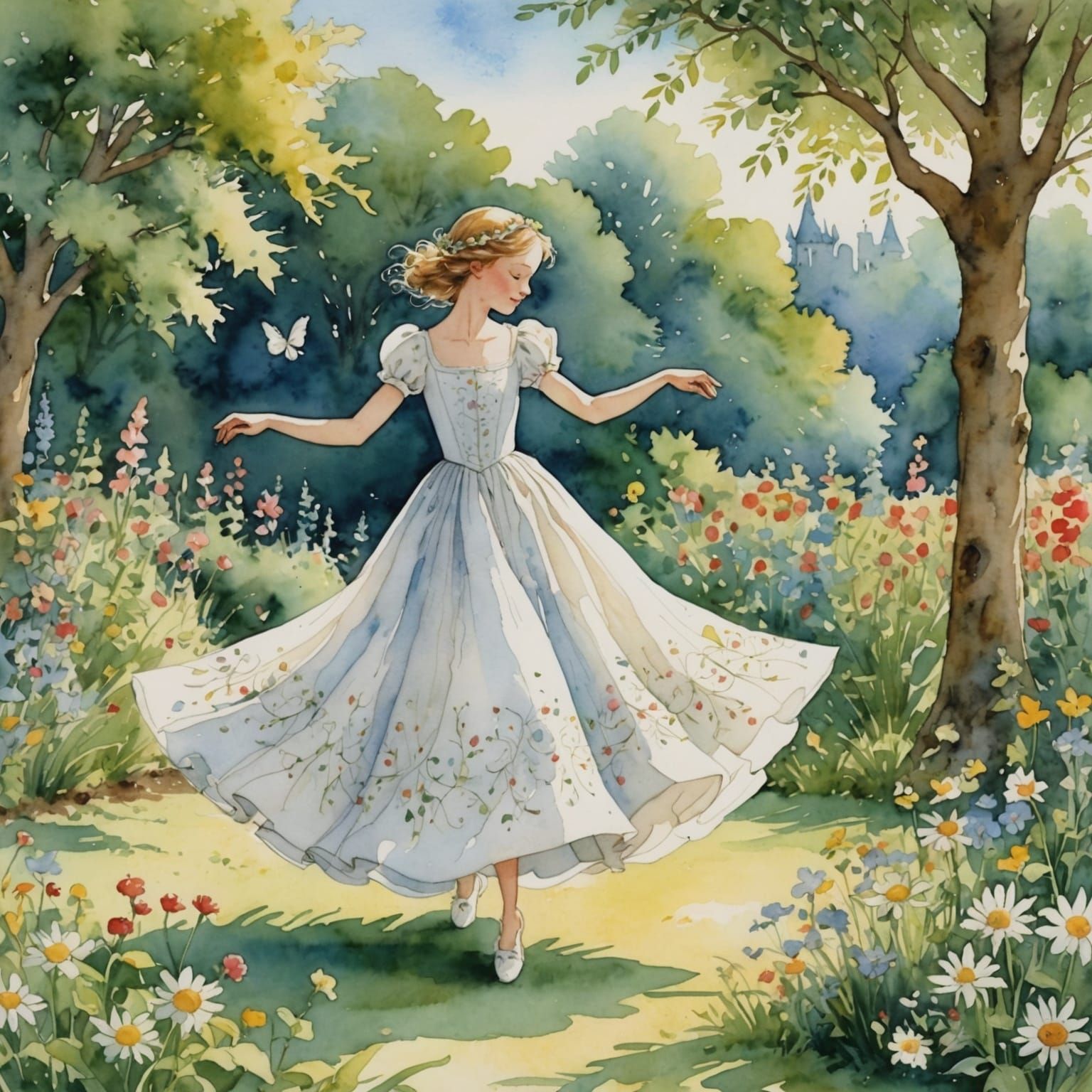 Girl Dancing in Summer Garden in Watercolor Style