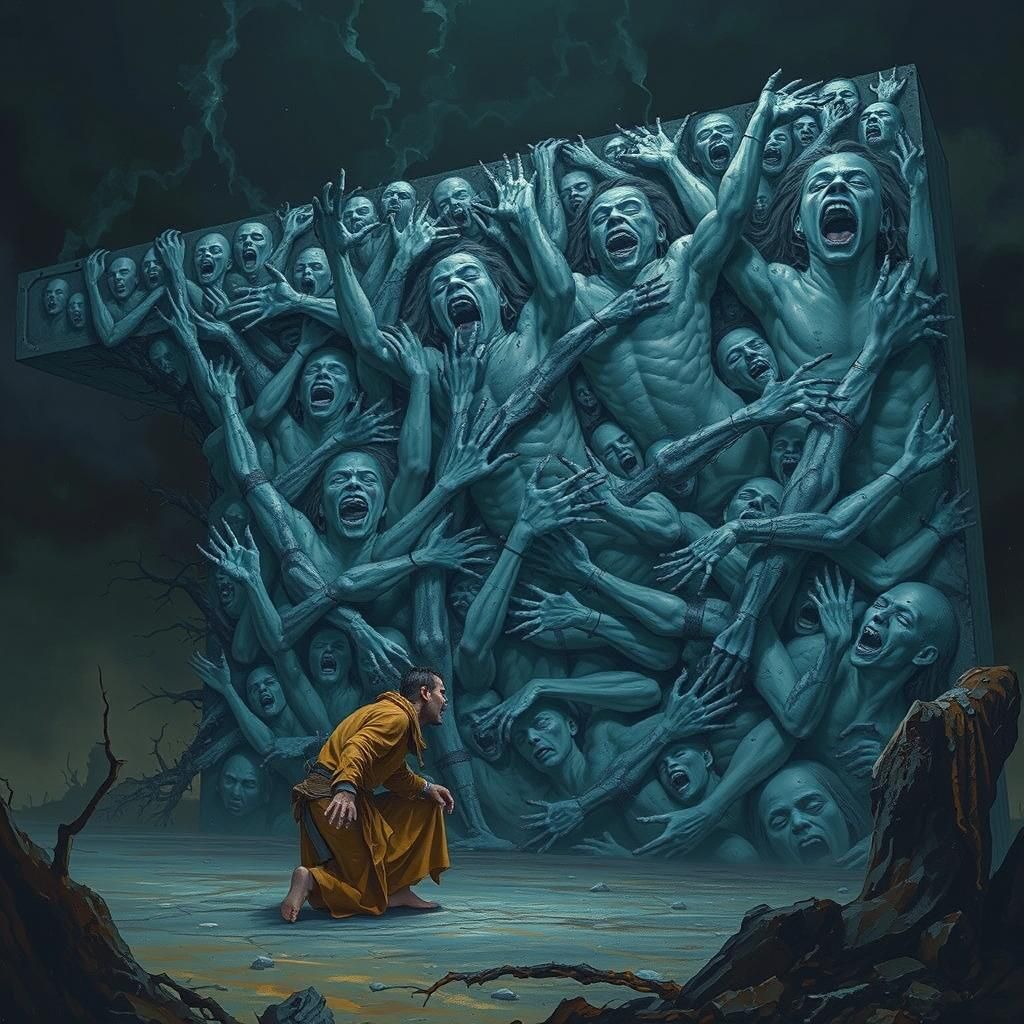 Terrified Man Before Wall of Anguish