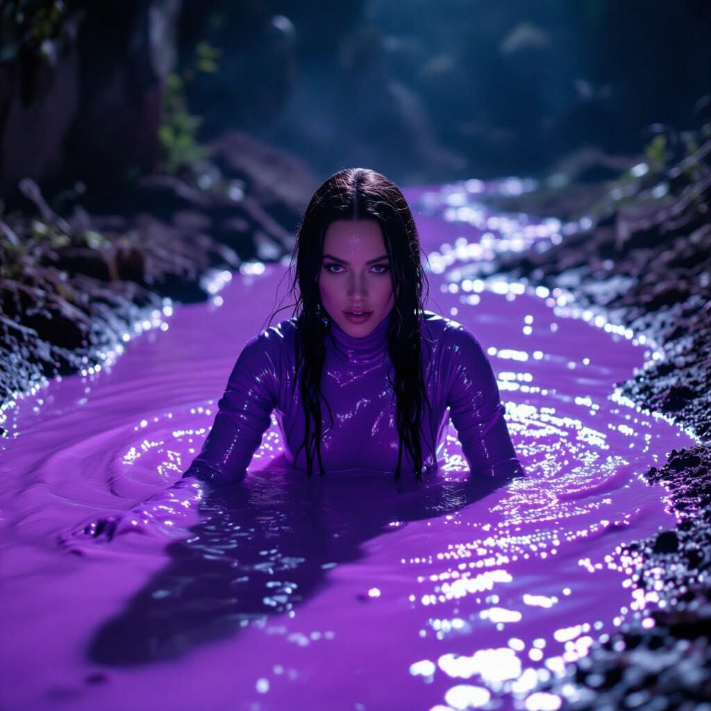 Woman in Bioluminescent Slime Suit Emerges from Purple Puddl...