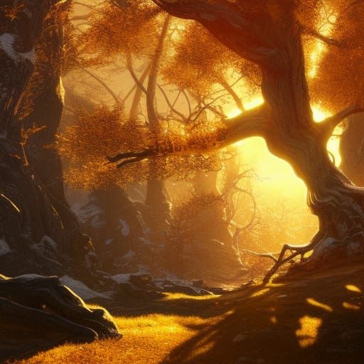 Magical Elder Tree in Golden Sunlight, Dark Fantasy Art