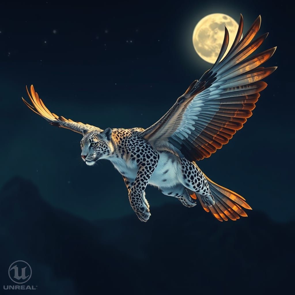 Majestic Snow Leopard Soars Under Full Moonlight