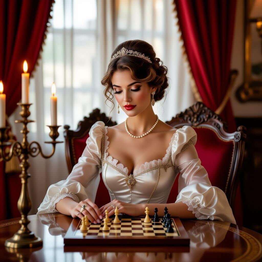 Aristocratic Woman Plays Chess in Luxurious Hall