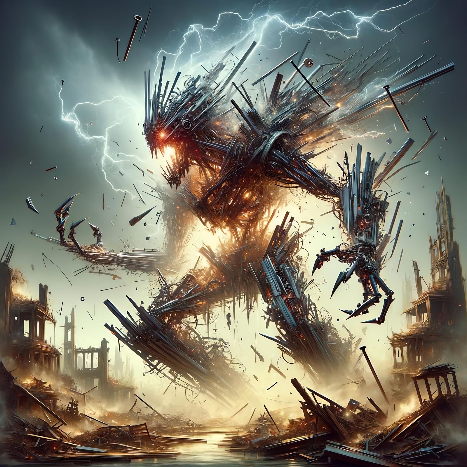 Menacing Scrap Construct in War-Torn Cityscape