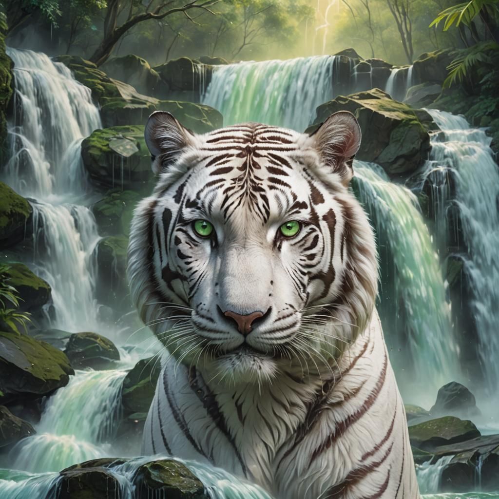 White Tiger Portrait with Green Eyes in Surreal Setting