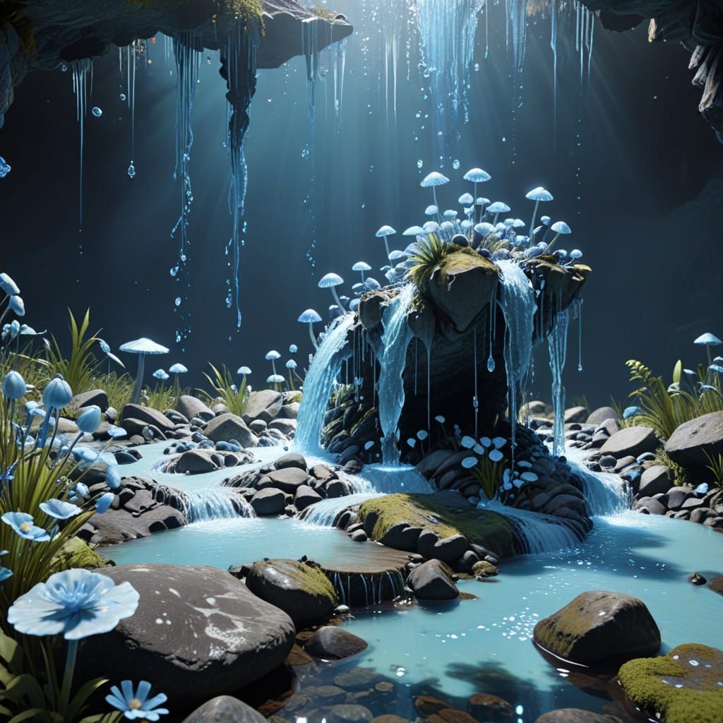 Pale Blue Waterfall with Lively Bacteria and Fungi