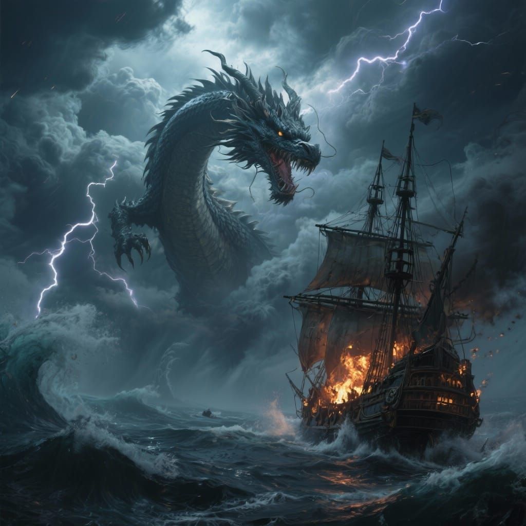 Colossal Sea Dragon Attacks Burning Ship in Storm