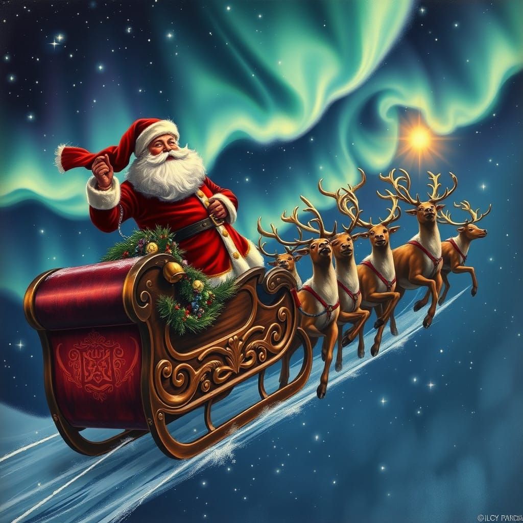 Majestic Winter Night Scene with Santa Sleigh and Reindeer
