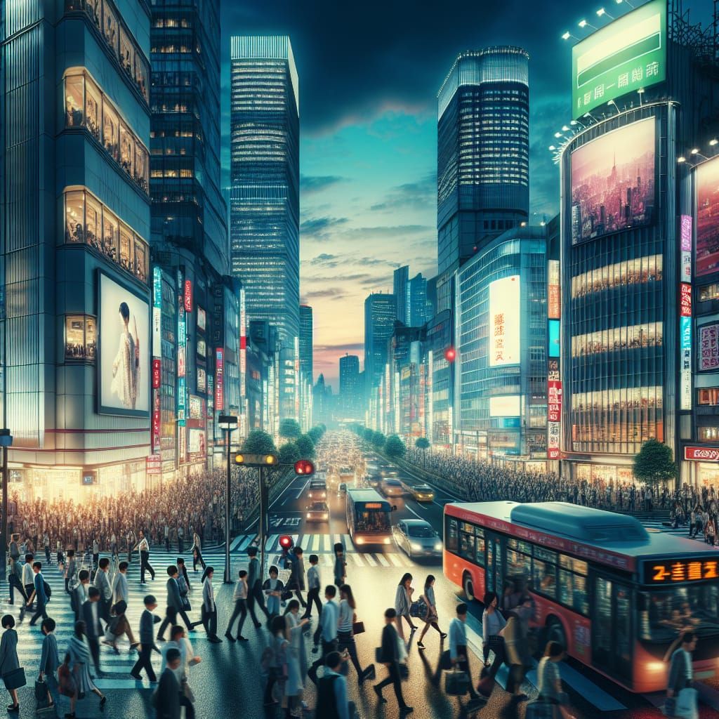 Evening Rush Hour in a Neon Lit City