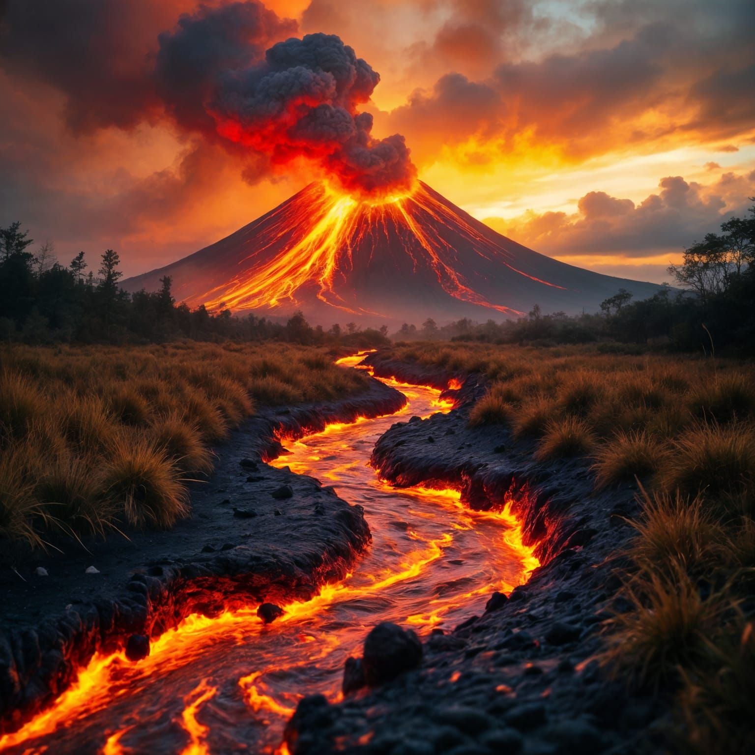 Dramatic Volcano Eruption in Fiery Landscape