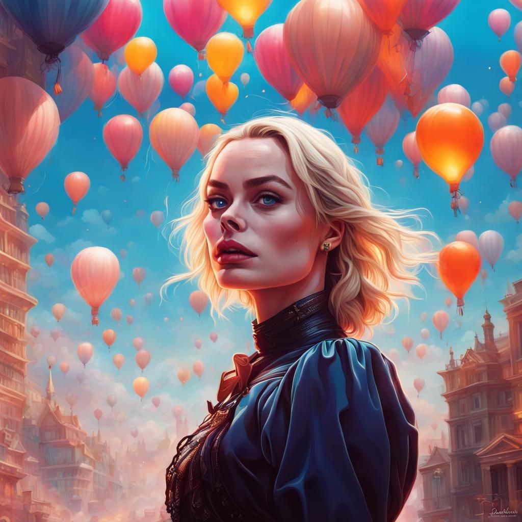 Margot Robbie Portrait with Balloons, Storybook Illustration