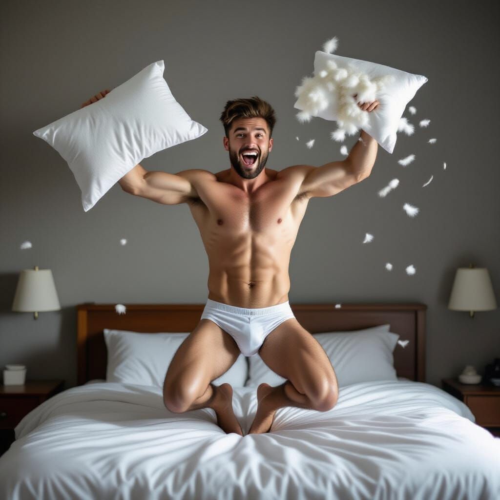 Playful Man Jumping on Bed: Professional Portrait Photograph...