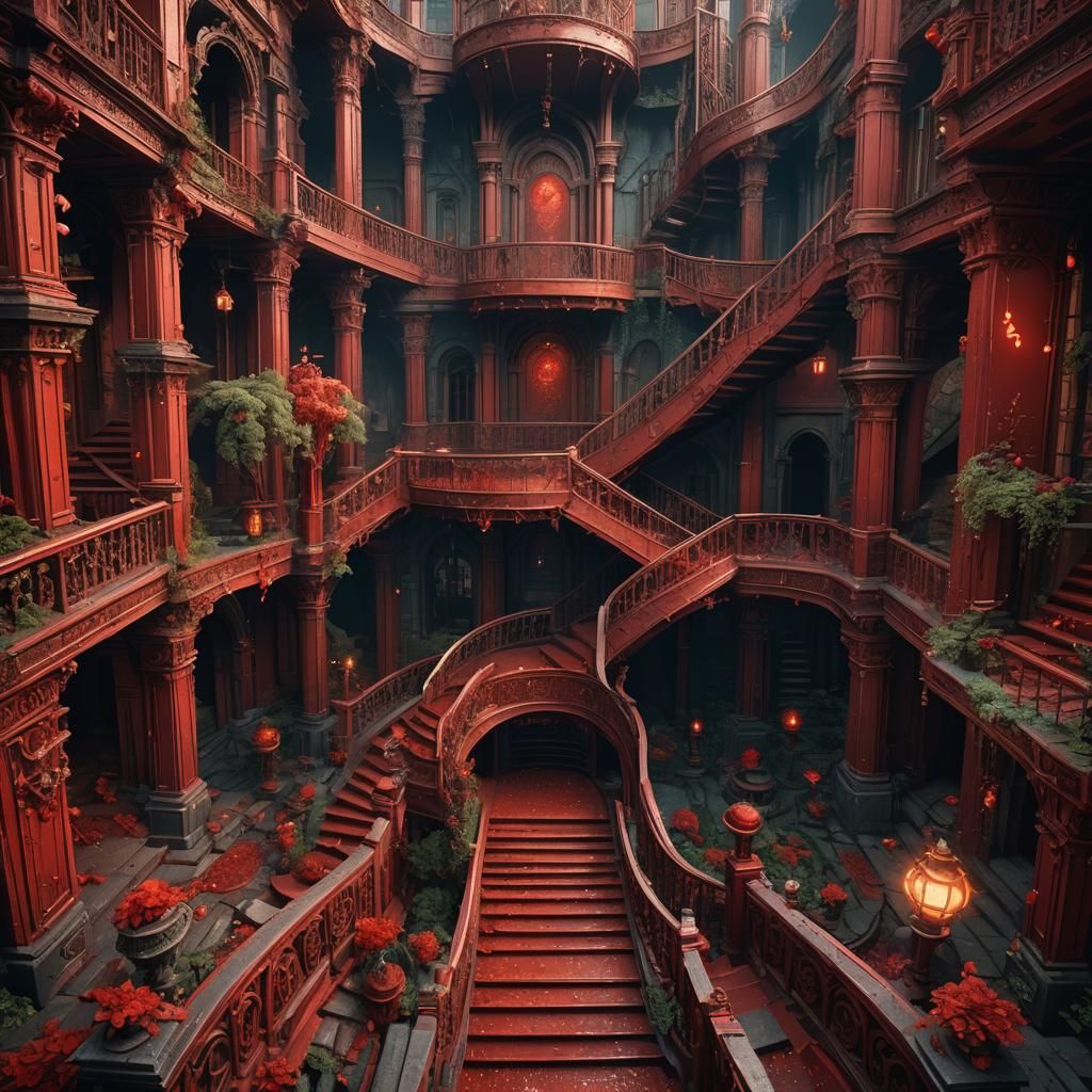 Fantastical Red Staircase in Detailed Matte Painting