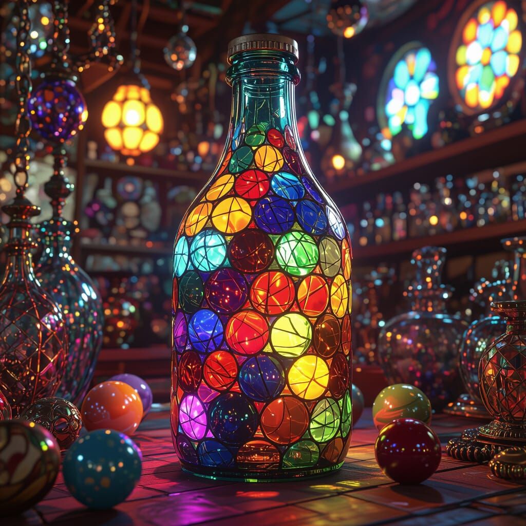 Marbles in Antique Soda Bottle with Synthwave Lighting