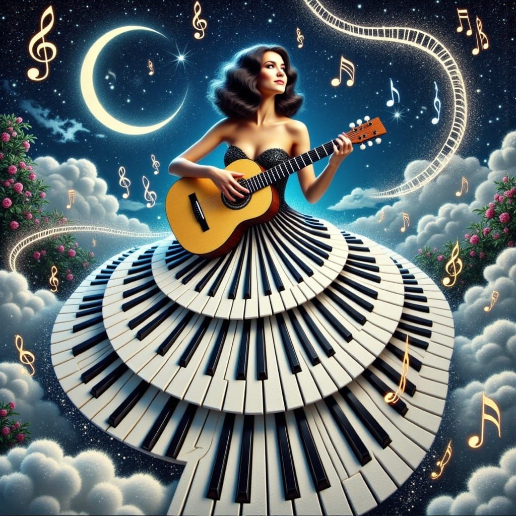 Ethereal Woman Plays Guitar on Cloud