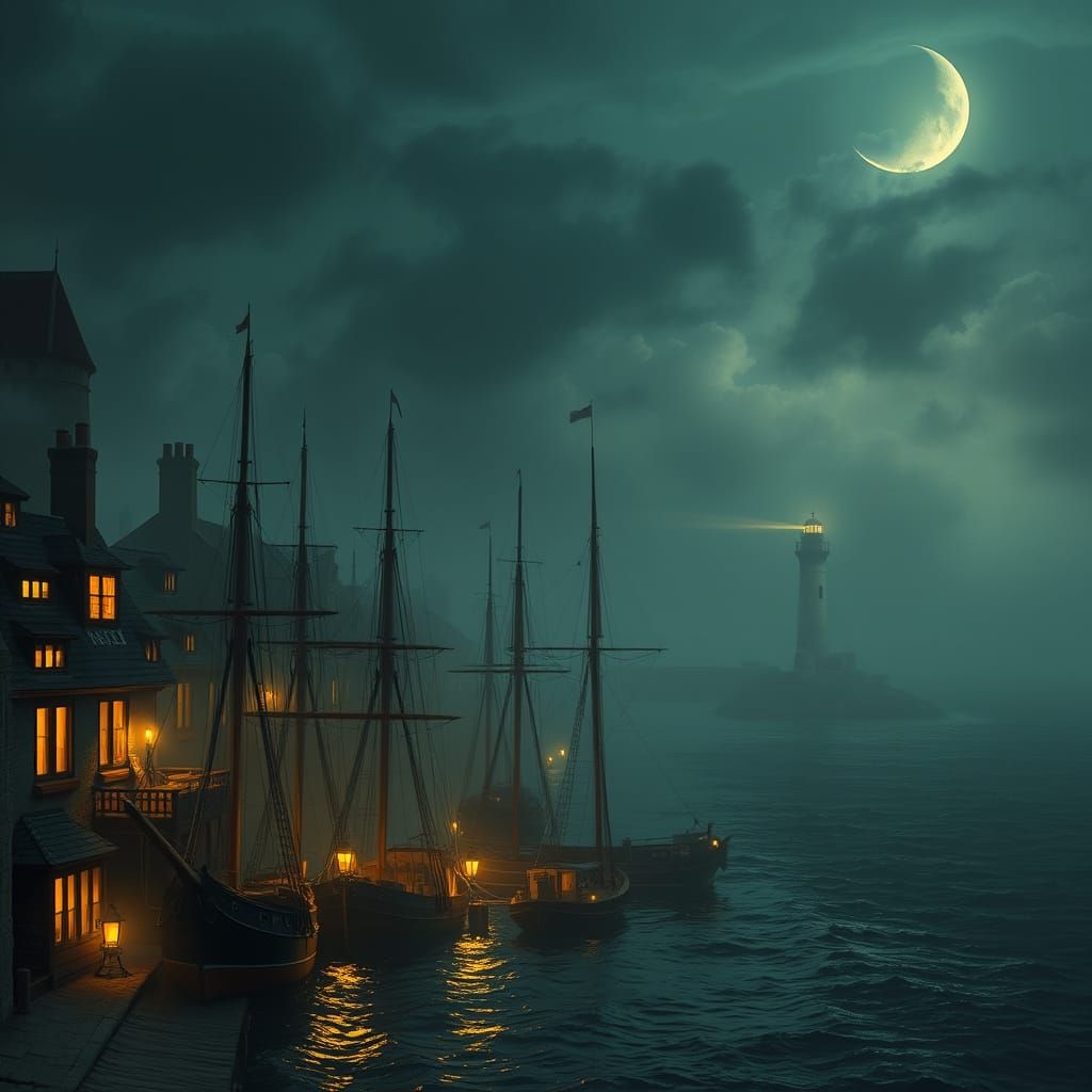 Nocturnal Edwardian Seaport Cityscape with Fog