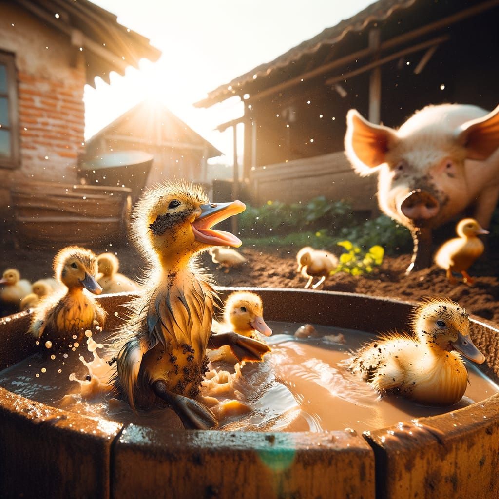 Joyful Ducklings Splash in Pig Trough on Sunny Farm