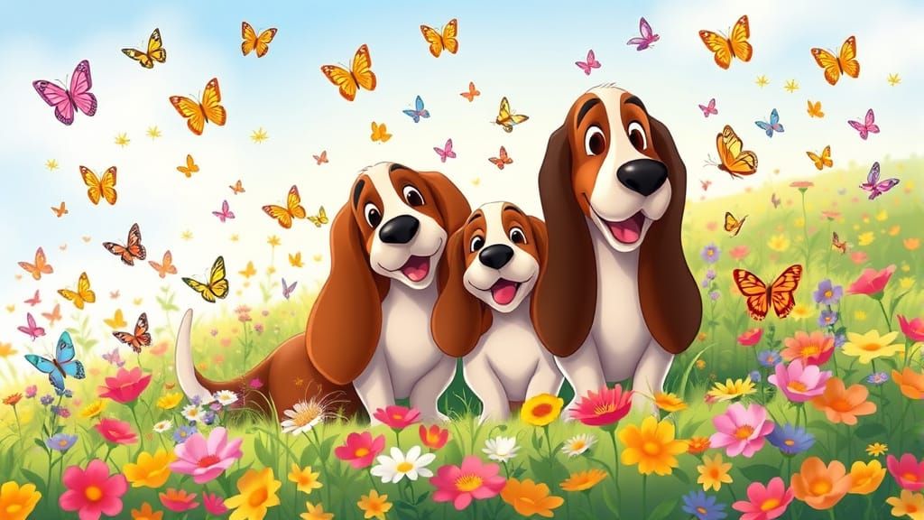 Loving Basset Hound Family in Flower Meadow