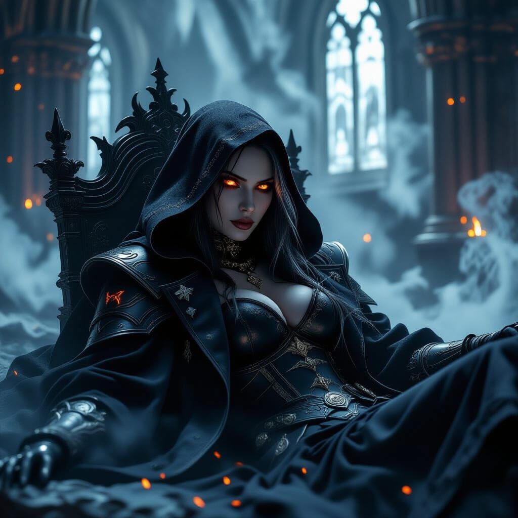 Gothic Enchantress in Cathedral with Runes and Fog