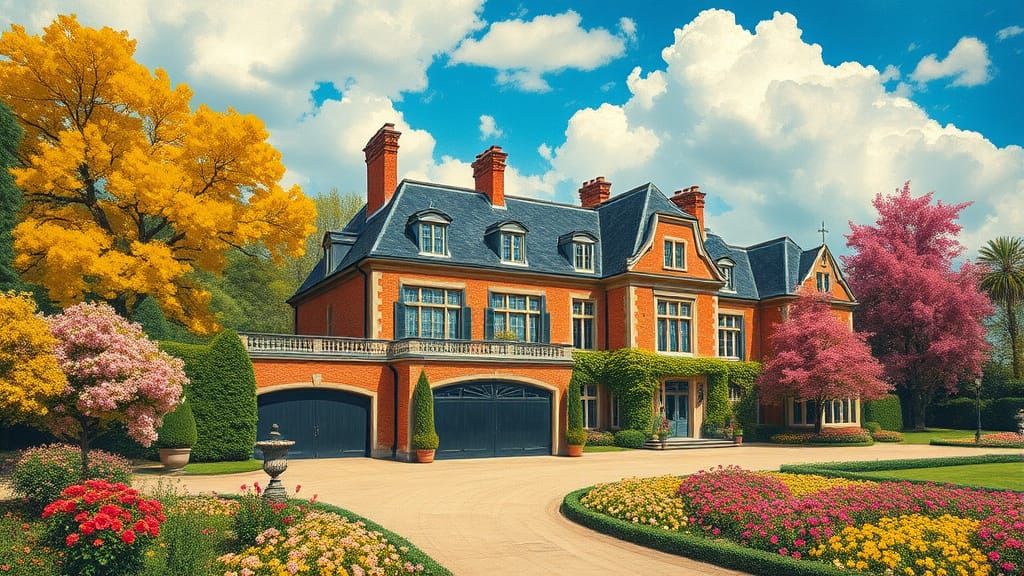 Brick Chateau Amidst Colorful Gardens in Monet Style
