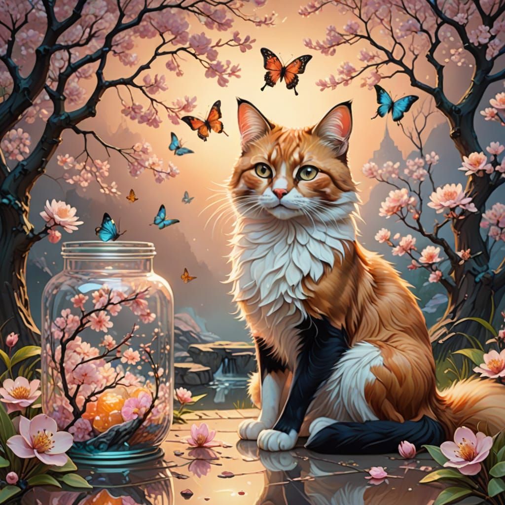 Whimsical Cat and Fox Amidst Dali-Inspired Cherry Blossom Wo...