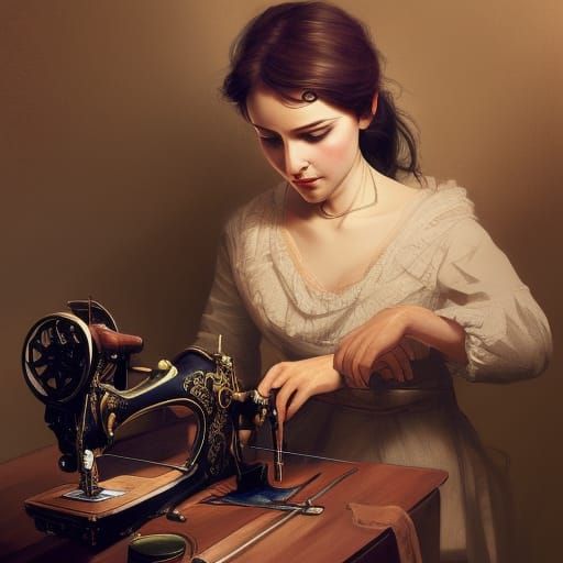 Seamstress at Sewing Machine: Hyperdetailed Portrait