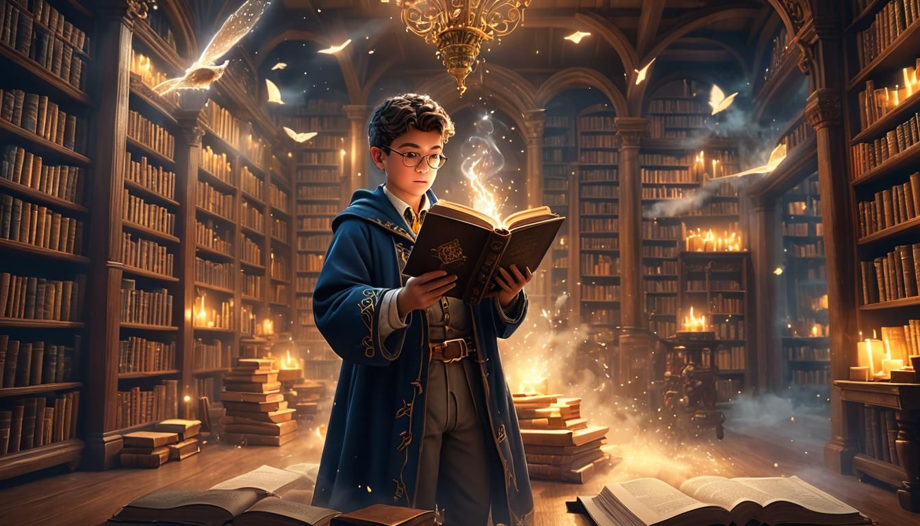 Young Wizard Studies Magic in Fantasy Library