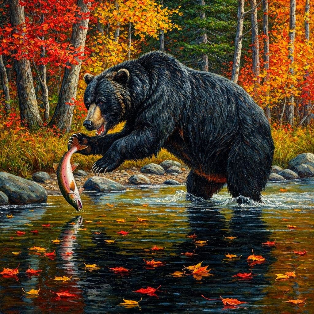 Bear Catching Salmon: Post-Impressionistic Oil Painting
