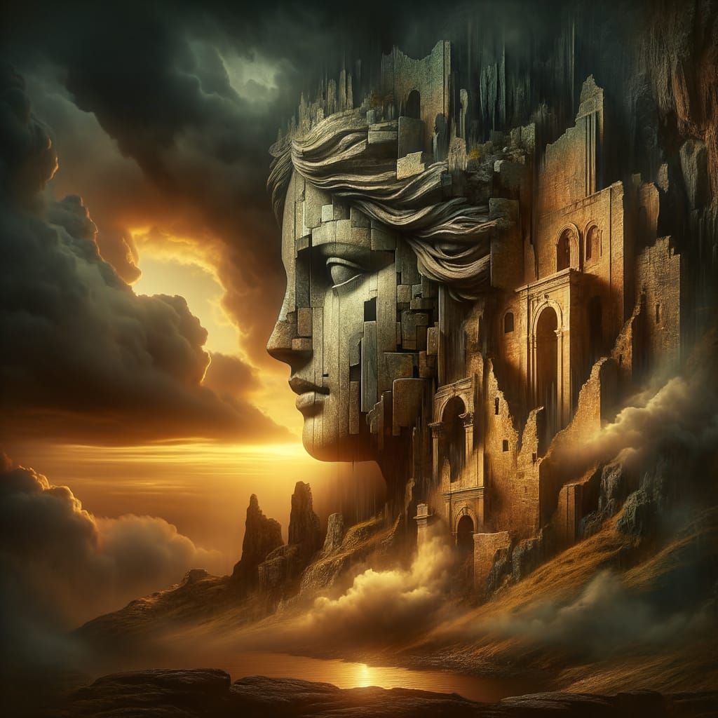 Norse Goddess Profile Integrated into Castle Ruins