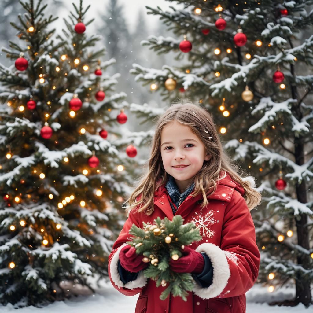 Girl with Christmas Tree in Winter Wonderland