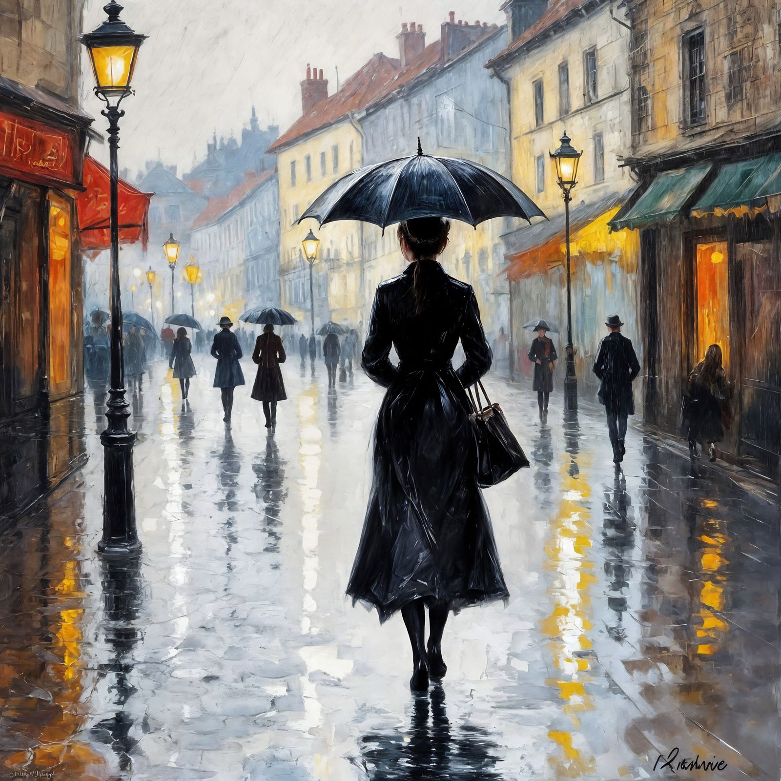 Impressionist Oil Painting of Rainy Romanian Street Scene