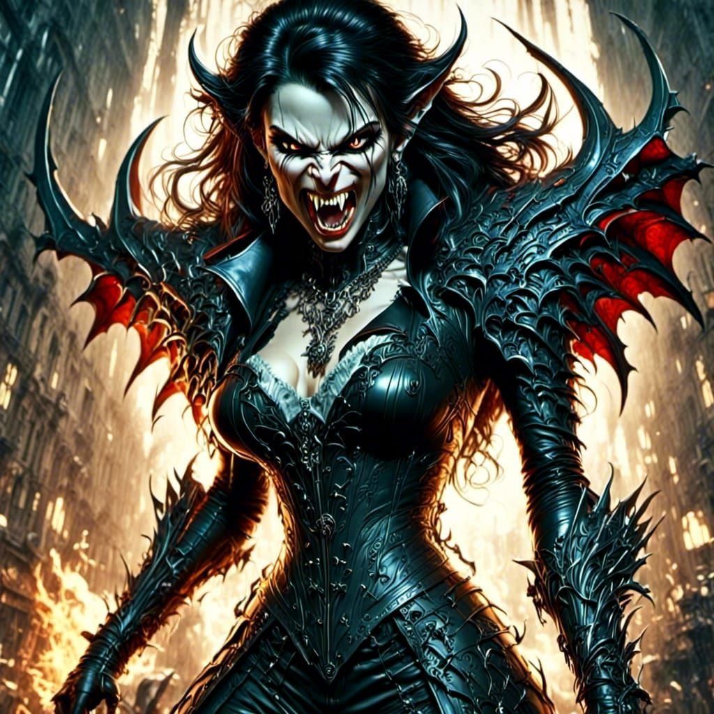 Angry Cyberpunk Vampire Portrait with Fangs