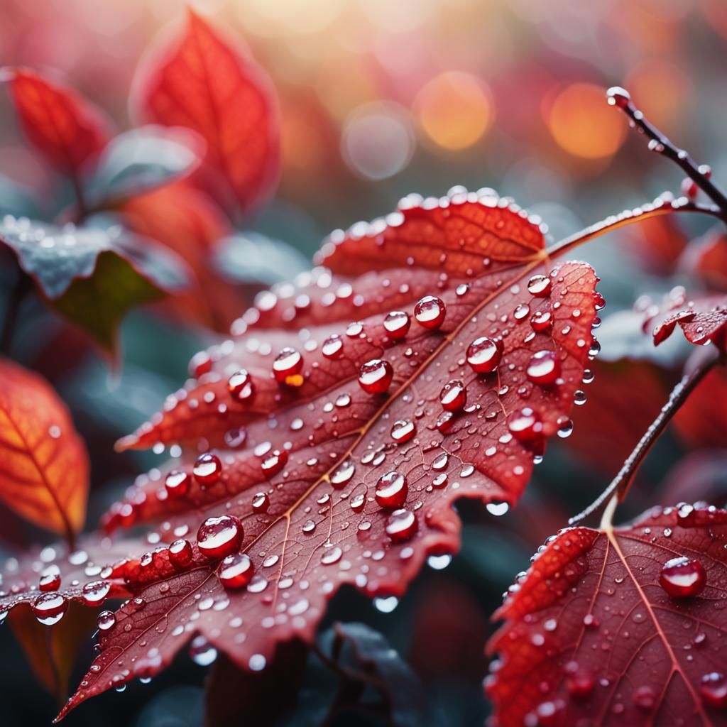 Red Autumn Leaf Dewdrop Macro in Watercolor Style