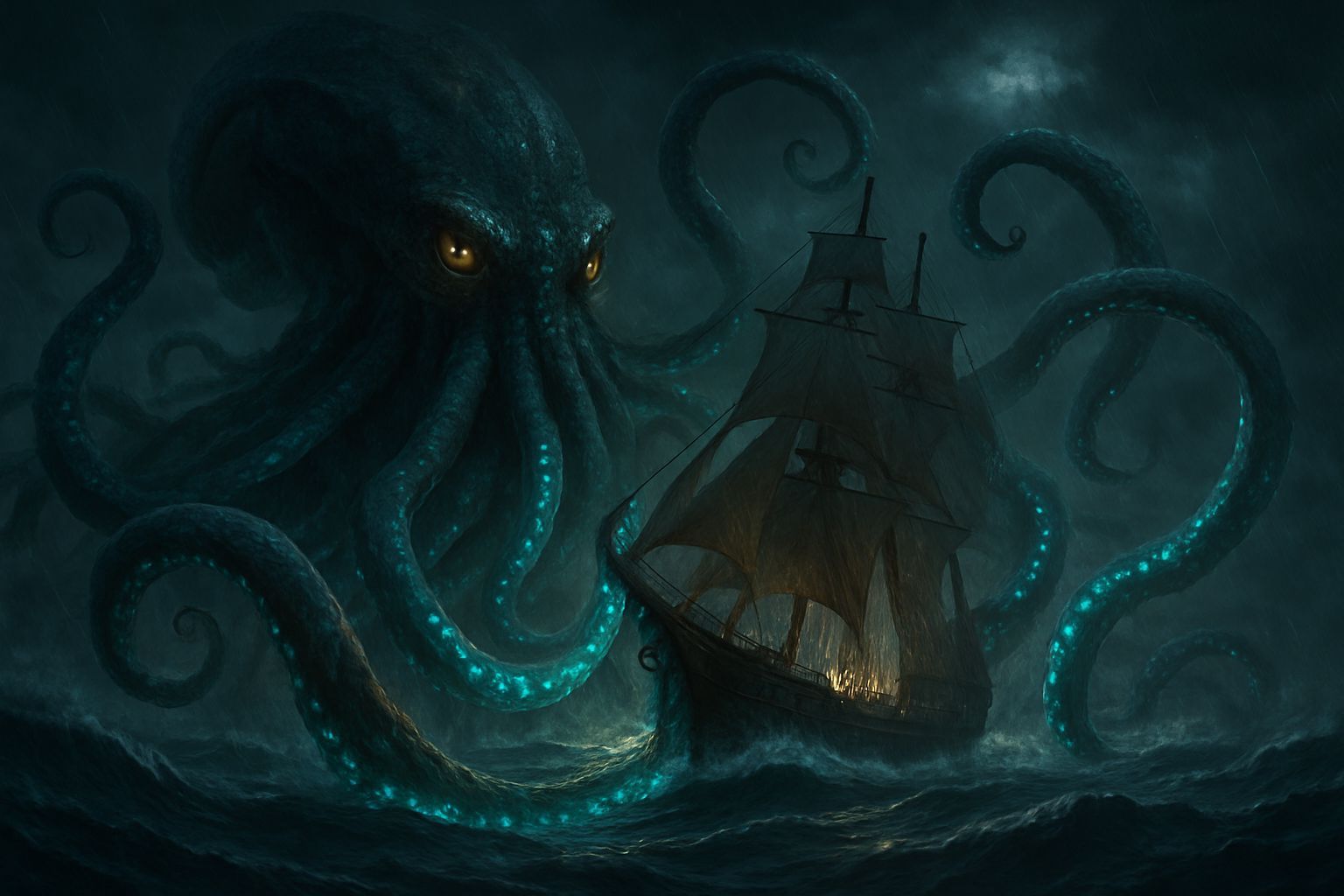 Bioluminescent Kraken Protects Ship in Epic Storm