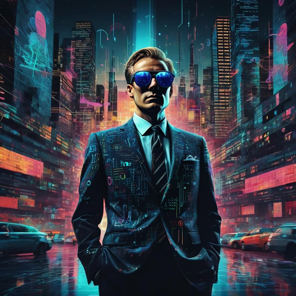 Cryptic Figure in Futuristic City, Pop Art Style