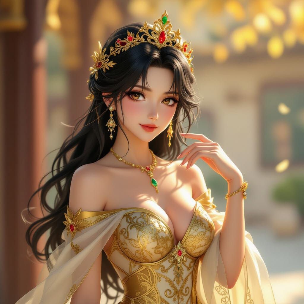 Elegant Queen in Gold Anime Art Style