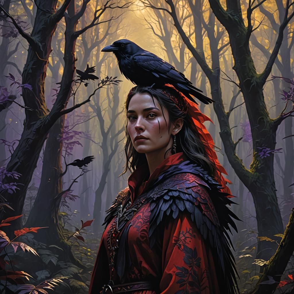 Mystical Lady in Red with Crow: Dark Fantasy Art