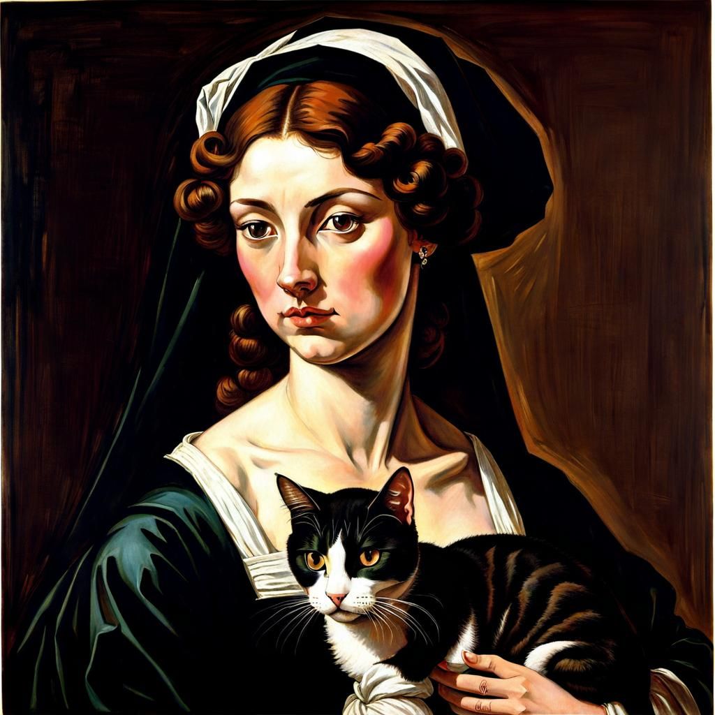 Cat in City Street, Classical Ink Print Style