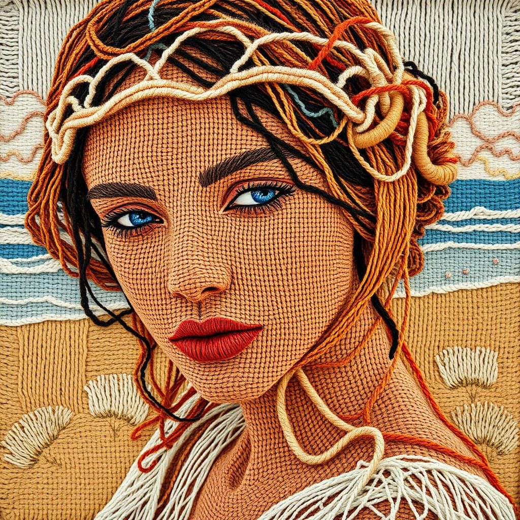 a highly intricate woven thread human made of yarn fine embroidering, award winning composition, portrait hyper feminine...
