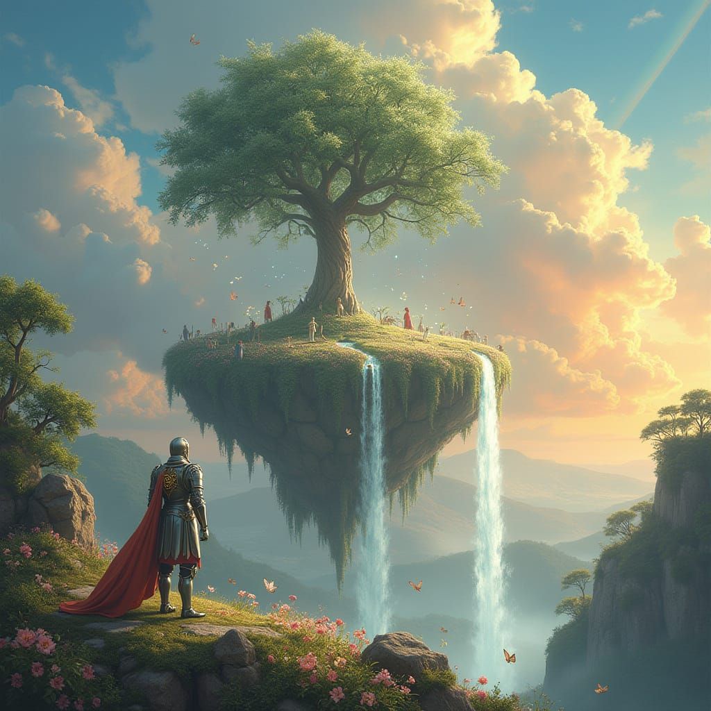 Floating Garden Oasis with Knight at Golden Hour