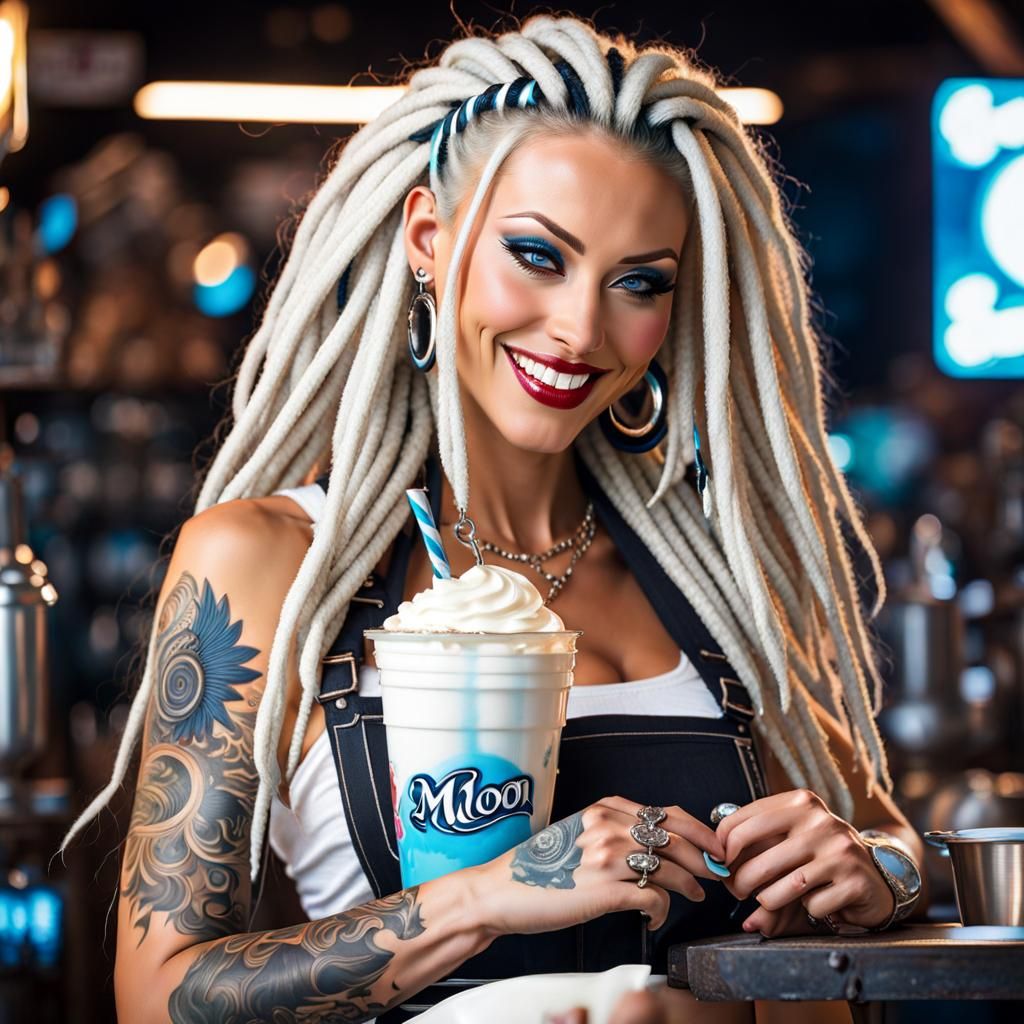 Blue-Dreadlocked Waitress Serving Milkshakes in Fantasy Worl...