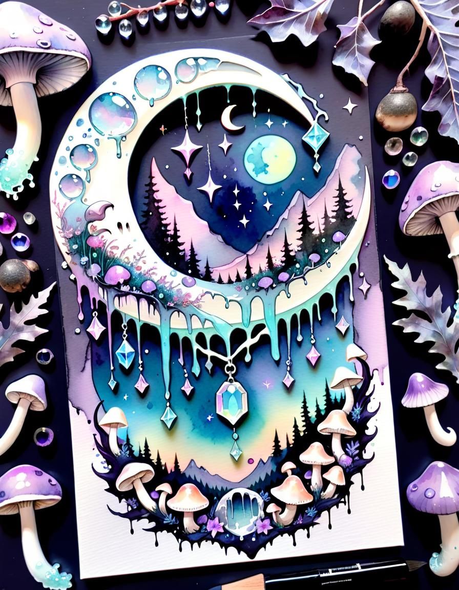 Pastel Goth Crescent Moon with Crystals in Watercolor