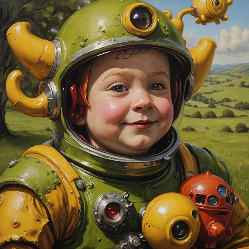 A realistic oil painting of a teletubby