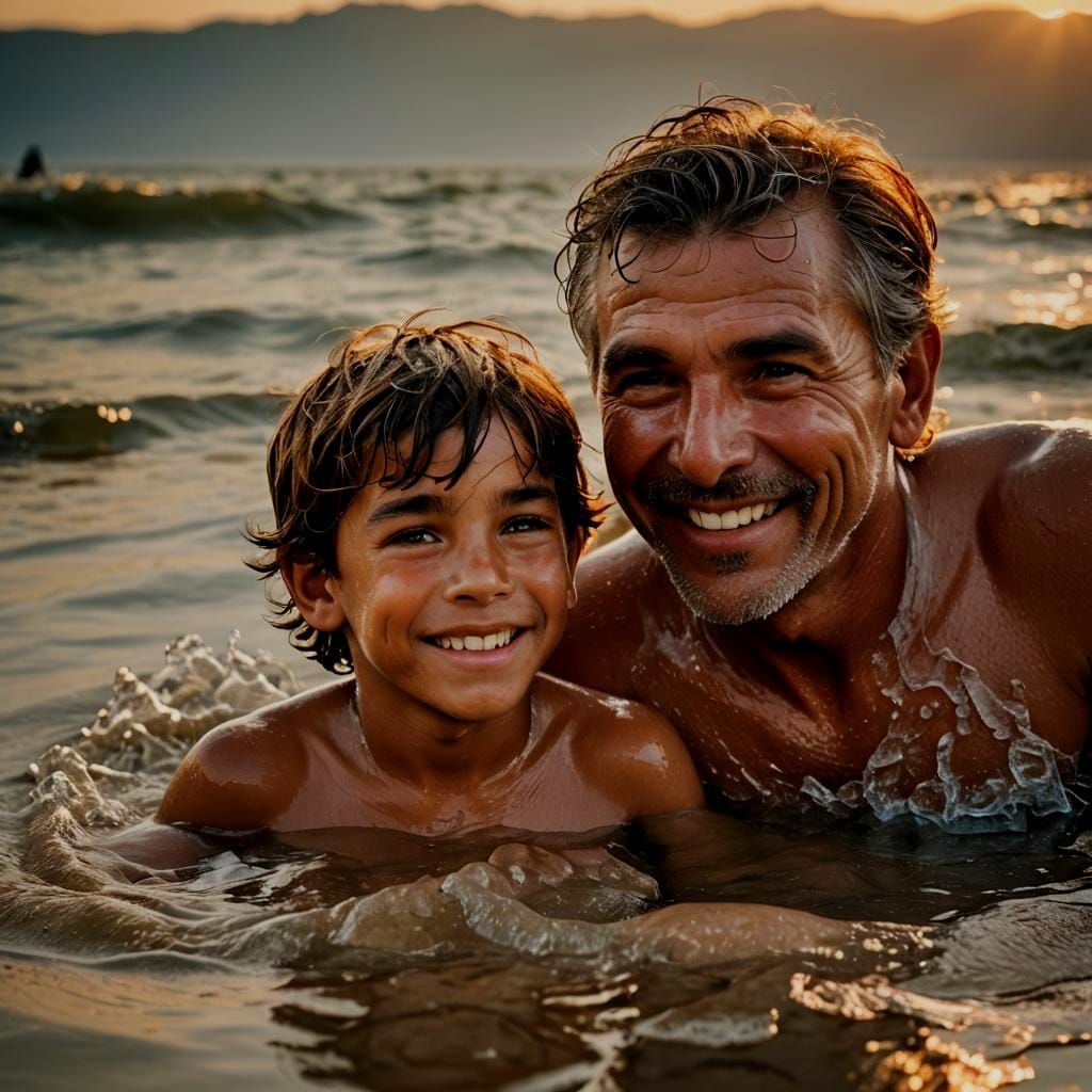 Father and Son Enjoying Beach Bathing: Portrait