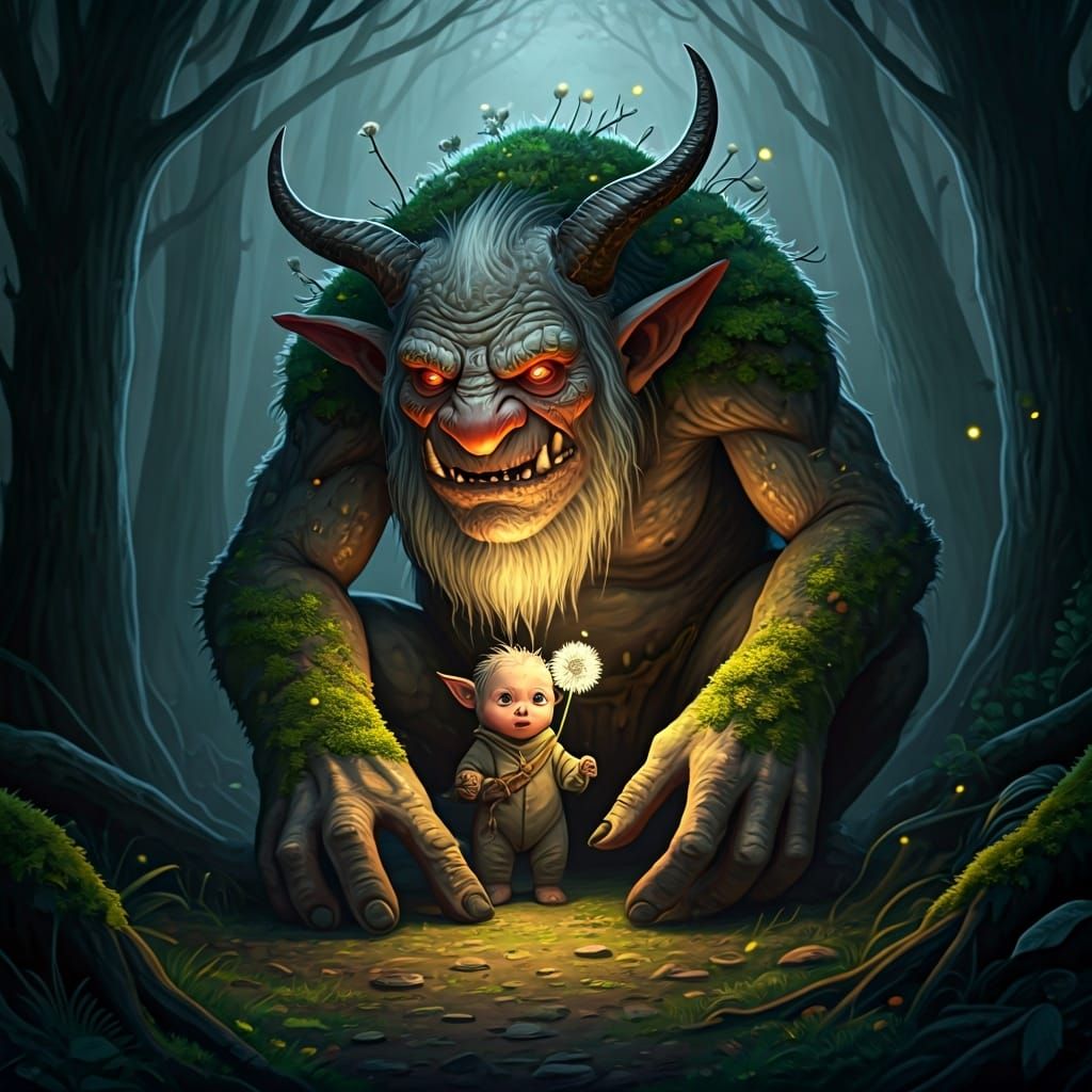 Forest Troll Protecting Baby: Fantasy Illustration