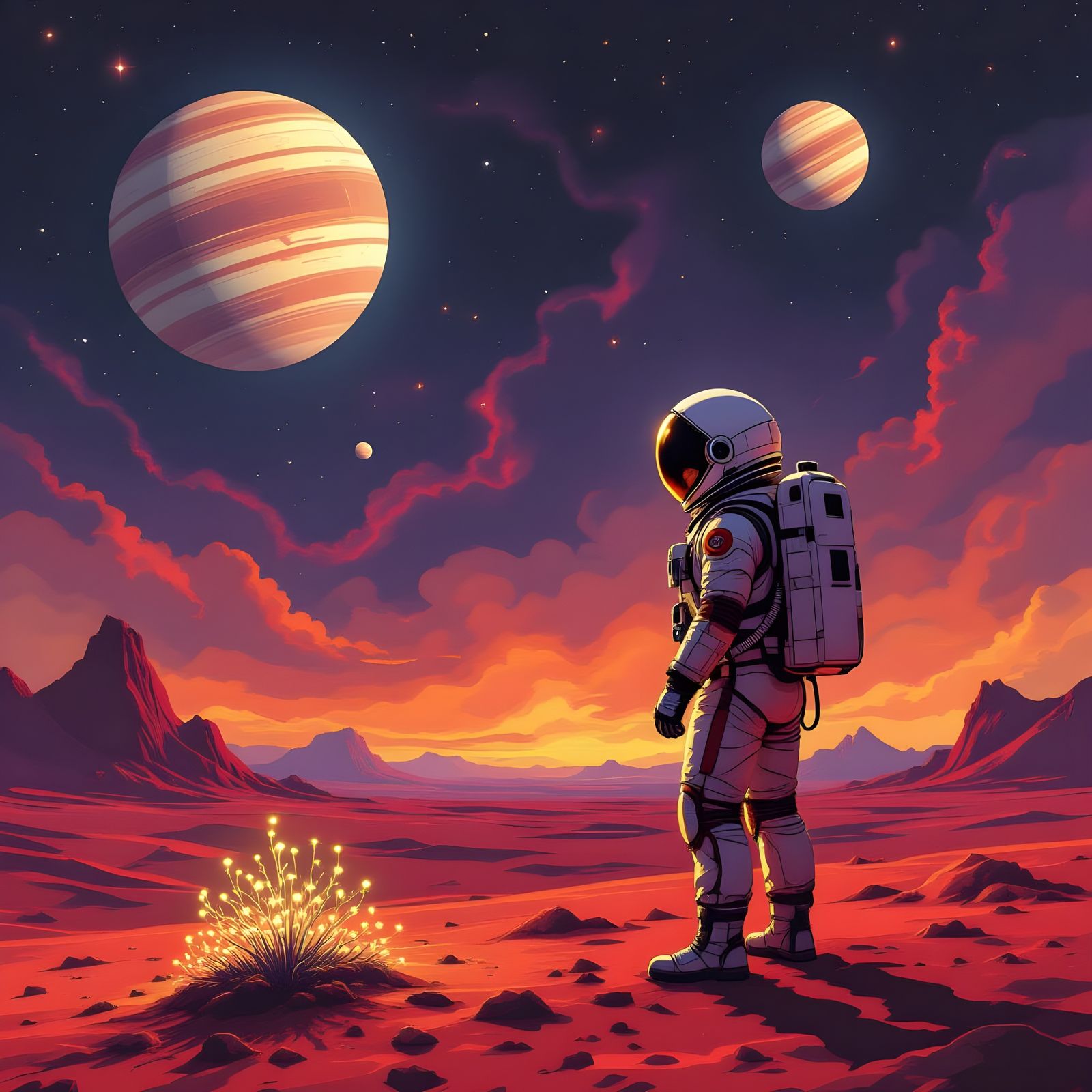 Astronaut on Crimson Planet Under Ringed Moons