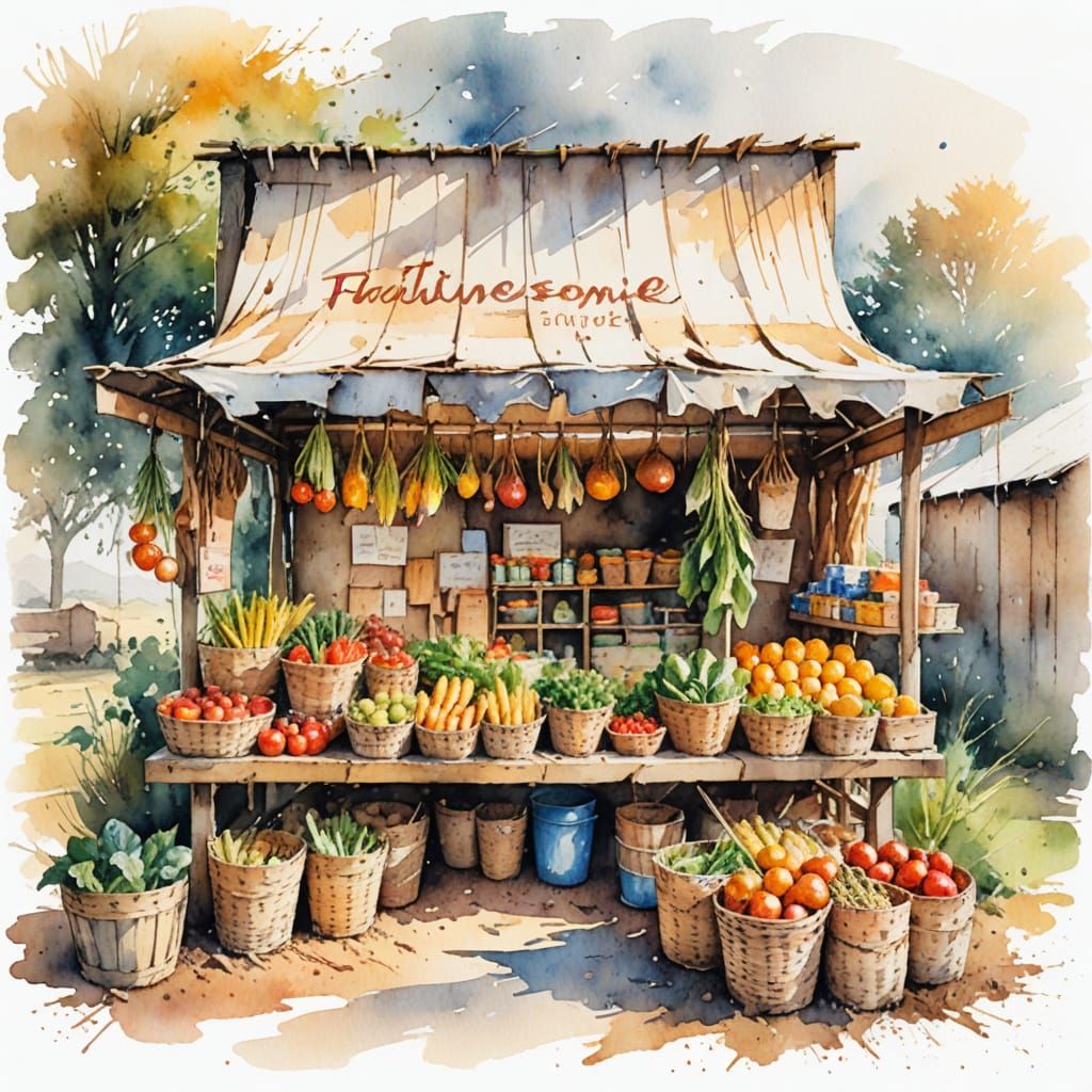 A large sign board advertising FRESH FARM PRODUCE.
A country...