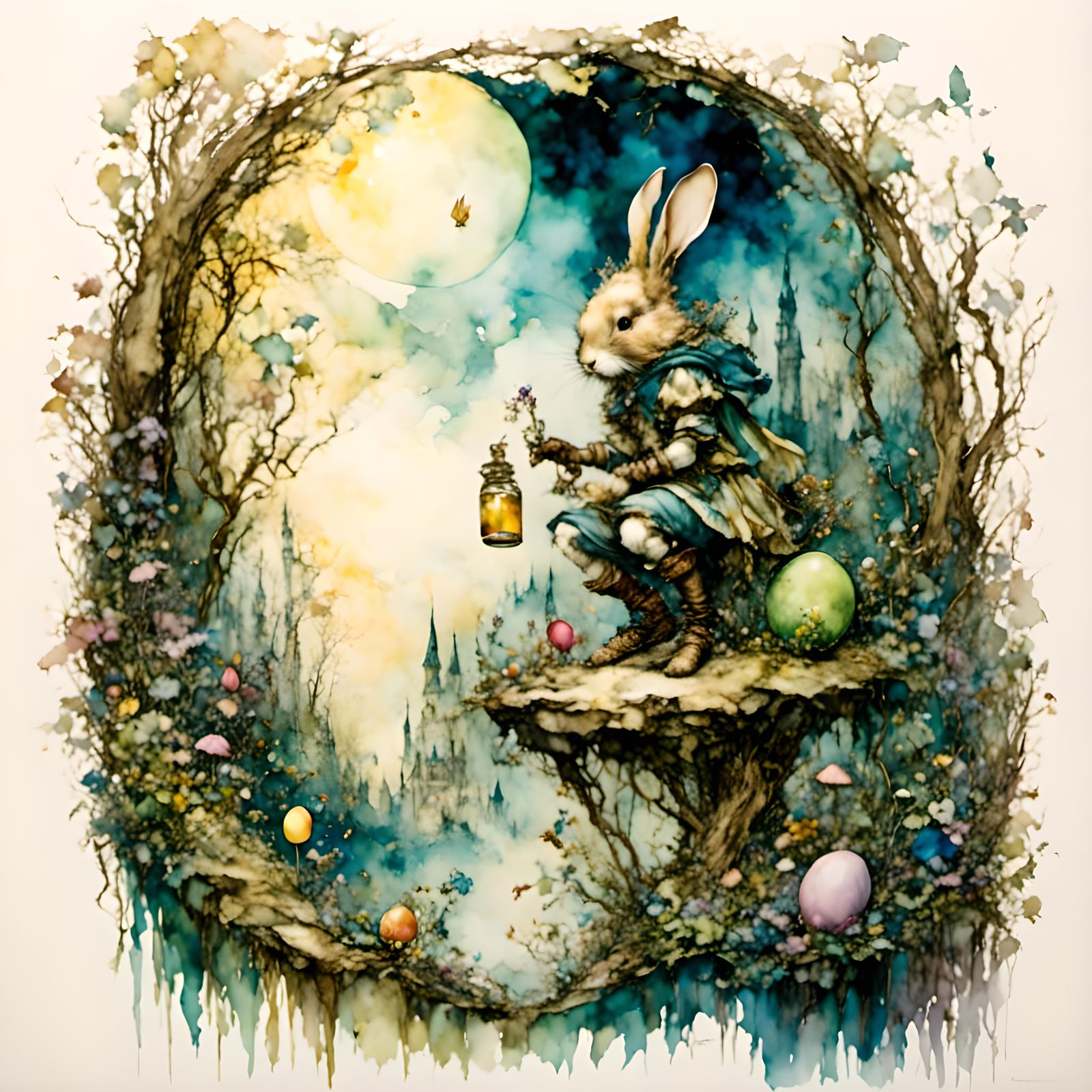 <lora:TallBunny1:1.0> arthur rackham, alcohol ink